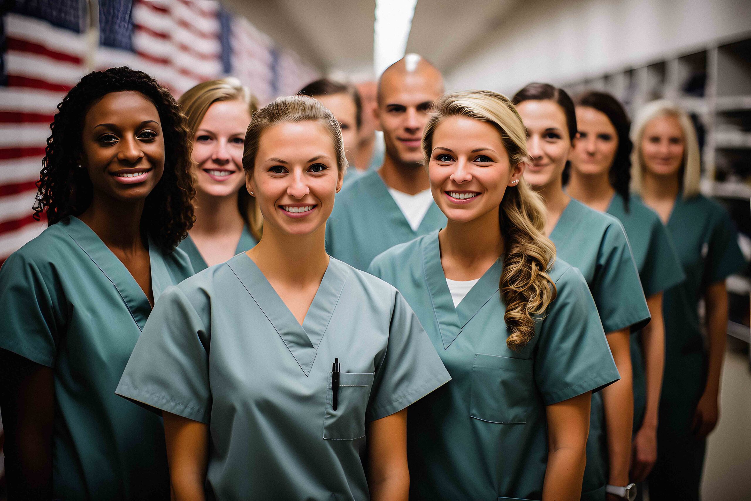 Diverse team of healthcare professionals smiling in a hospital setting